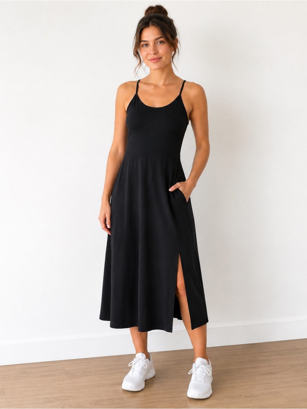 IUGA Athletic Midi Dress Medium Black Built In Shorts Pockets Crossback NWT